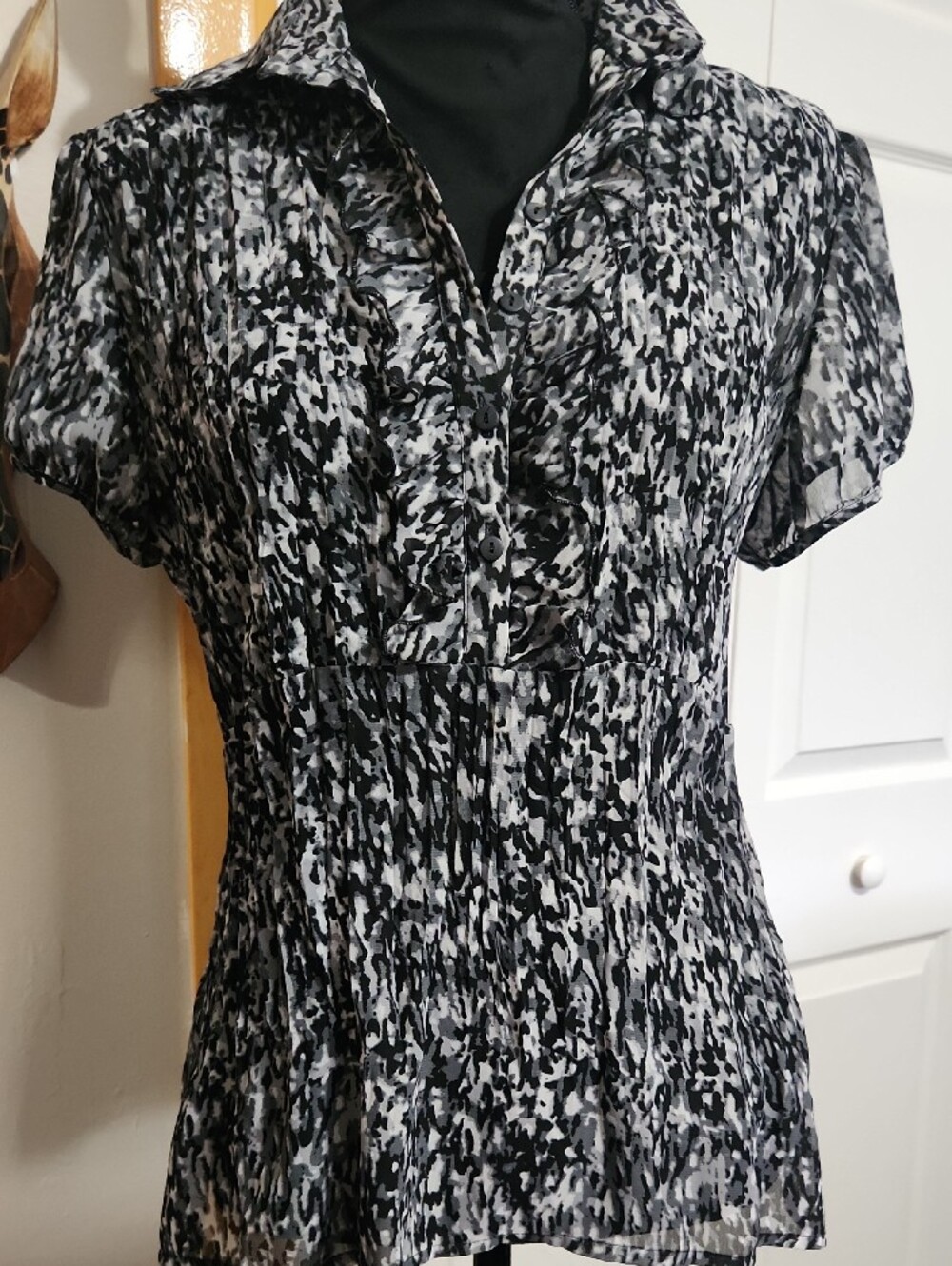 Bay Studio Black and White Printed Ruffled Peplum Blouse